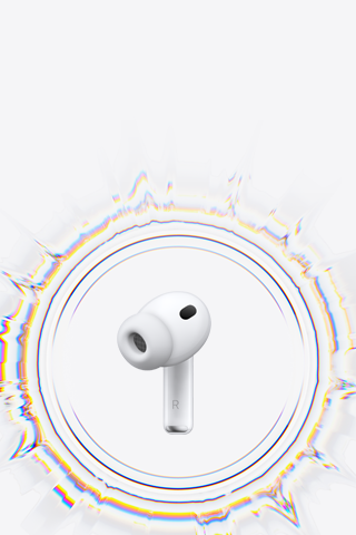Oortje van AirPods Pro 3 met siliconen tip, omgeven door geluidsrimpelingen