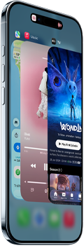 iPhone Air, voorkant, zijkant, dun profiel, Dynamic Island bovenaan in het midden, de appkiezer wordt gebruikt, knoppen: Actieknop, volumeknoppen