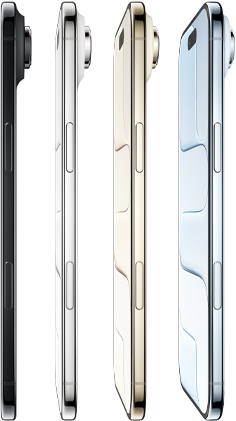 iPhone Air, zijkant, alle vier de uitvoeringen, Hemelsblauw, Lichtgoud, Wolkenwit, Spacezwart, zeer dun profiel, Fusion-camerasysteem, knoppen: zijknop, Cameraregelaar
