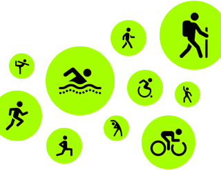 Work-outsymbolen, bewegende abstracte figuren die hardlopen, wandelen, zwemmen, een rolstoel gebruiken, een wandeltocht maken, fietsen, een lunge doen, dansen, stretchen en yogaën